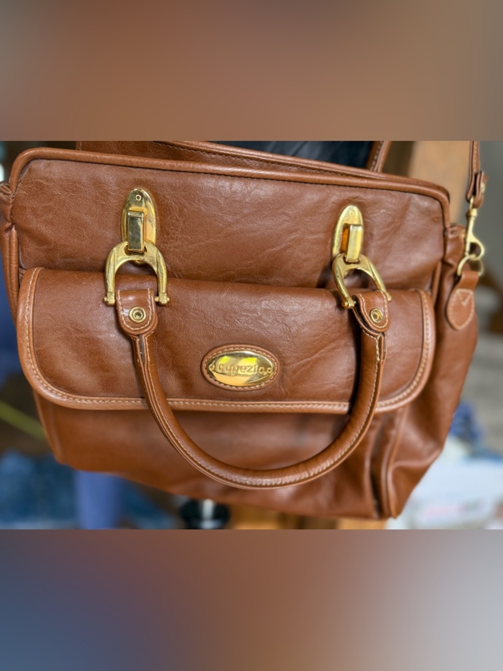 Capezio Cognac Brown Satchel Crossbody Bag Gold Hardware Top Handle Purse - Picture 7 of 7